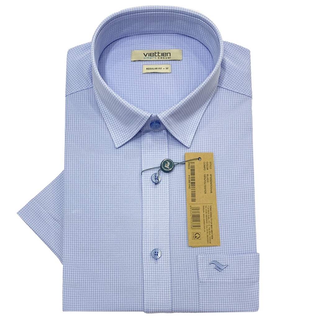 Viettien - Áo sơ mi nam ngắn tay xẻ tà lai ngang ca rô 6P3292 regular fit