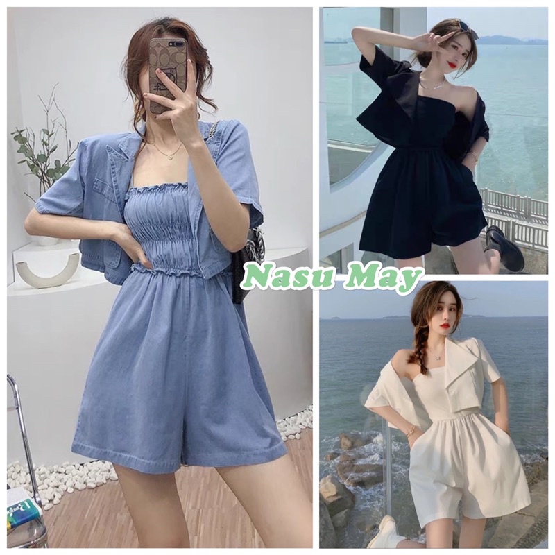 SET 3 MÓN JUMPSUIT 🦋 Set Áo Vest + Hai Dây Nhún +Quần Short nữ 🦋 Trắng Đen Xanh