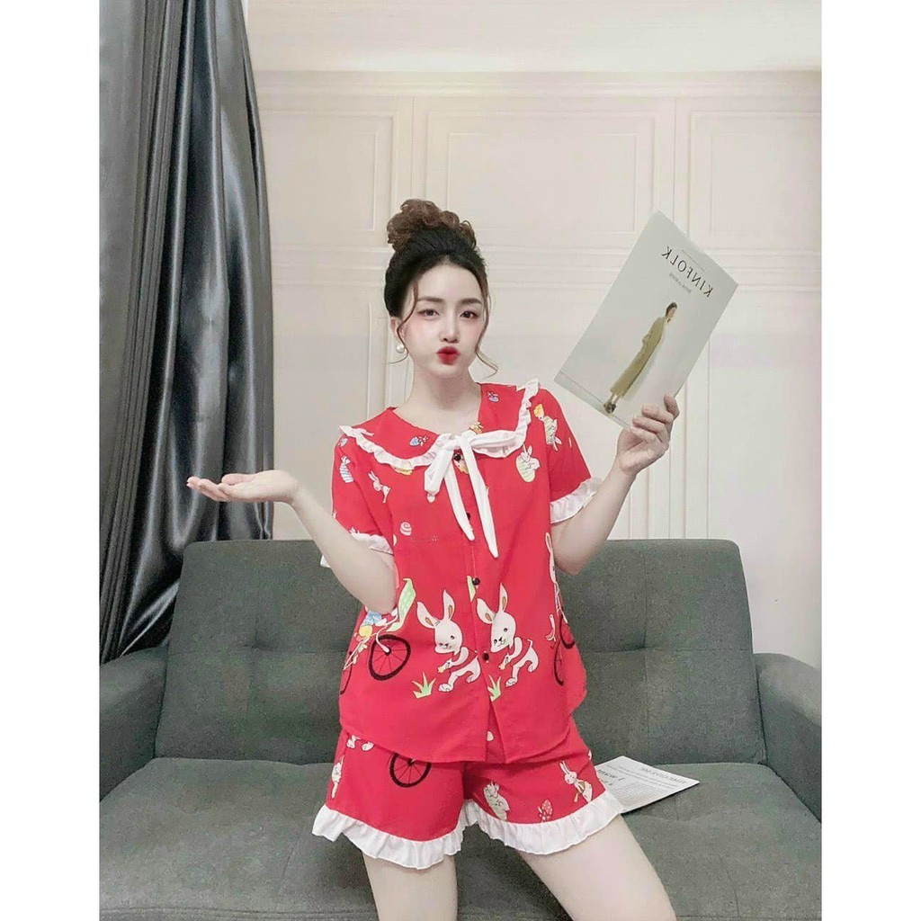 Bộ mặc nhà nữ lụa Hàn áo cổ bèo quần ngắn mặc nhà siêu xinh, vải đẹp