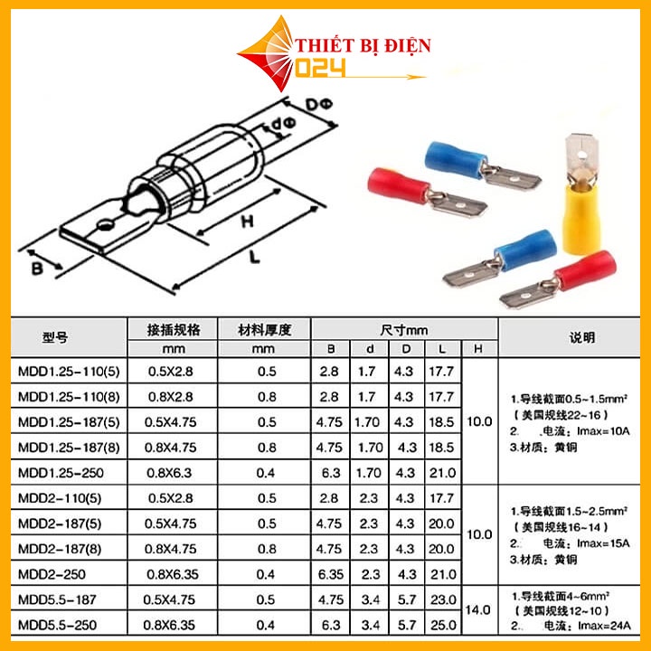 Gói 50 đầu cốt  FDD5-250 loại tốt đầu cos ghim đực cái, cos nối đây điện