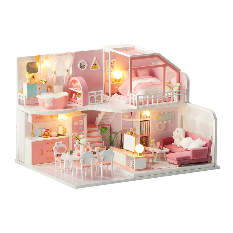 Mô Hình Ngôi Nhà Búp Bê 3d Bằng Gỗ Có Đèn Led Màu Hồng Dùng Làm Quà Tặng Cho Bé