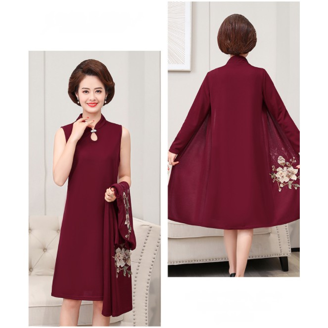 Váy trung niên nữ sang trọng thu đông V66 cổ tàu &amp; áo choàng 3 màu - Đầm dự tiệc thời trang cho mẹ trung tuổi cao cấp