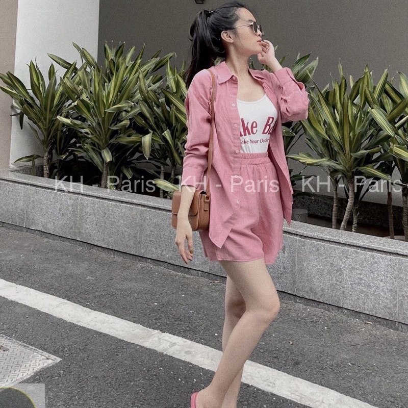 Set 3 món Áo sơ mi dài tay dáng rộng kèm áo 2 dây mix quần sooc đùi chất đũi xước