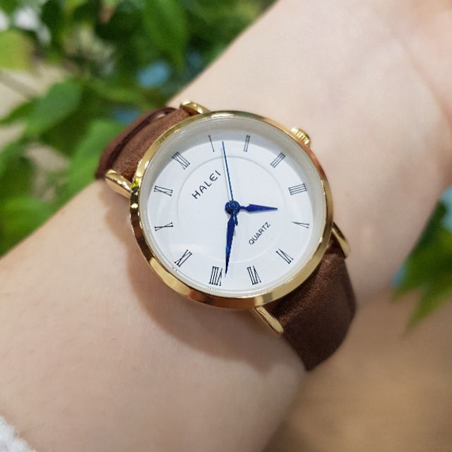 Đồng hồ cặp đôi nam nữ Halei kim xanh mặt trắng dây da nâu chính hãng Tony Watch 68 | BigBuy360 - bigbuy360.vn
