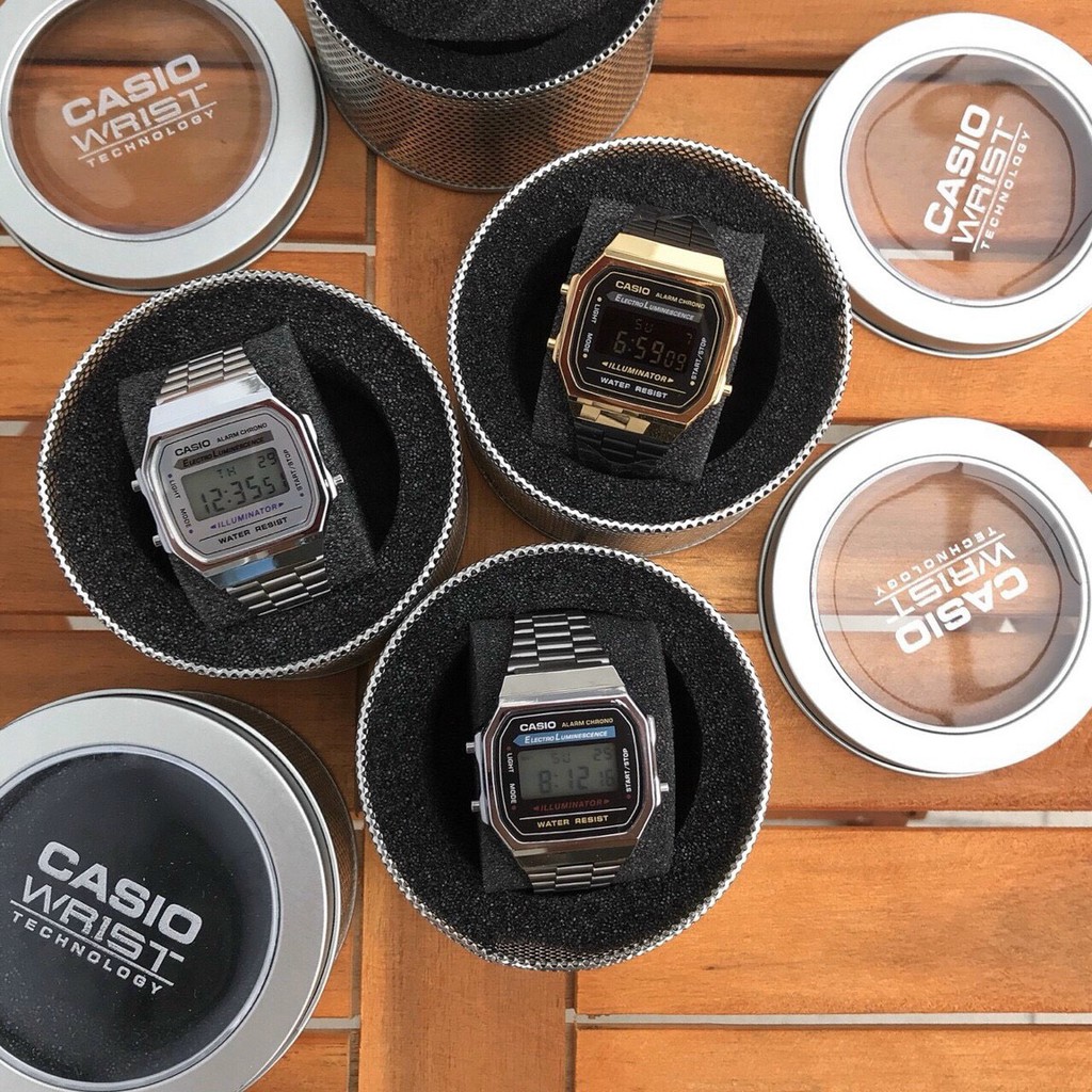 Đồng hồ điện tử nam nữ 💖𝑭𝑹𝑬𝑬𝑺𝑯𝑰𝑷💖 dây thép không gỉ Casio A168 vintage - Full box thiếc chính hãng