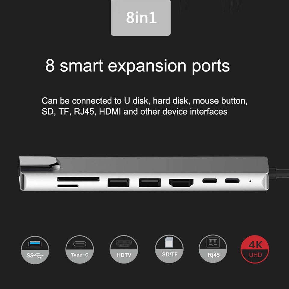 Hub Chuyển Đổi type c 3.1 Sang 4k hdmi-compatible rj45 usb sd/tf 8 Trong 1 Cho macbook air pro