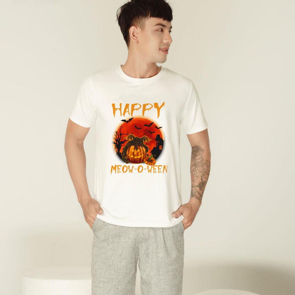 ÁO THUN UNISEX HALLOWEEN Happy Meow TAY NGẮN TAY LỠ NAM VÀ NỮ AOMI IN HÌNH SIÊU HOT AOMIVN