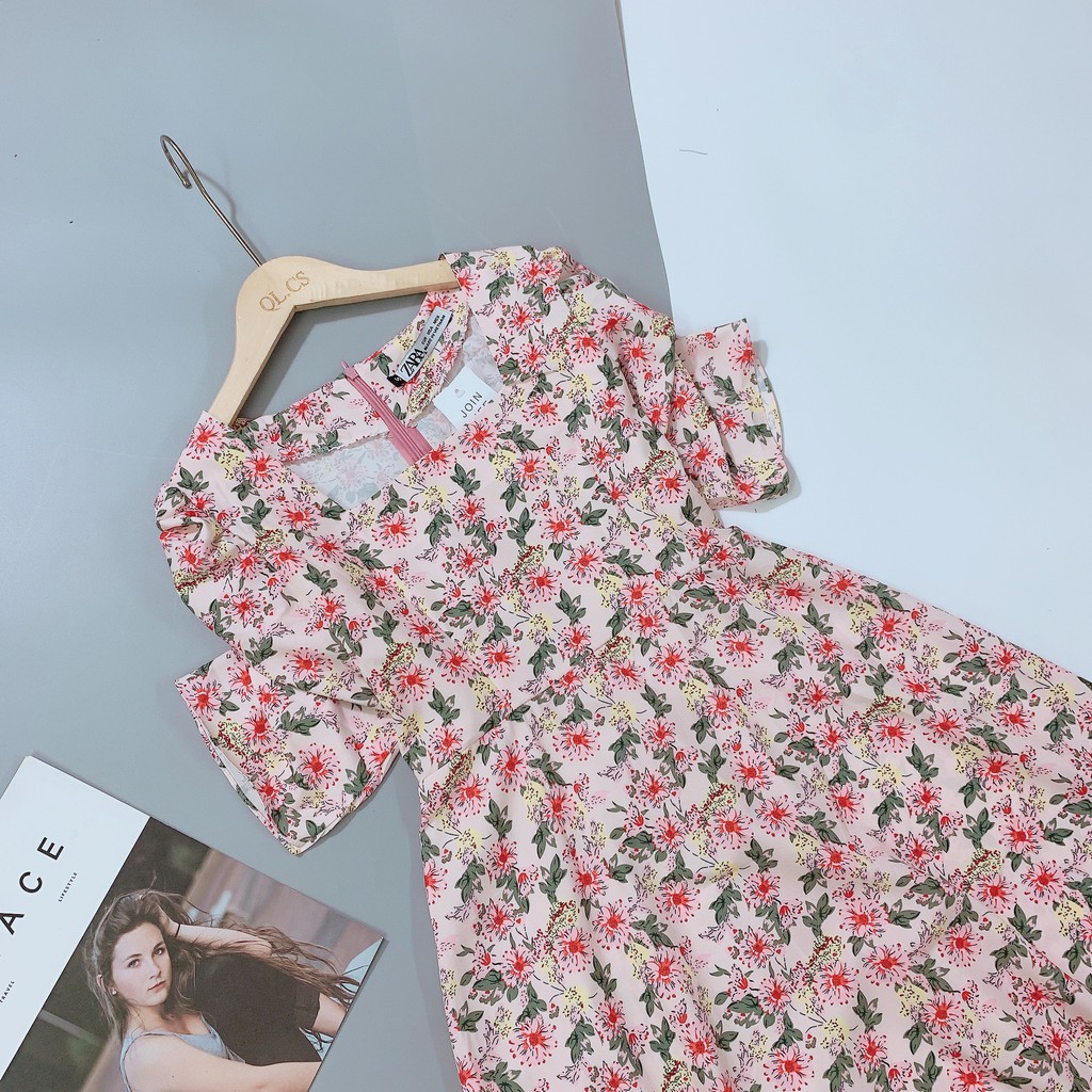 VN73 - VÁY HOA HỒNG CỔ VUÔNG TAY CHUN NỮ | BigBuy360 - bigbuy360.vn