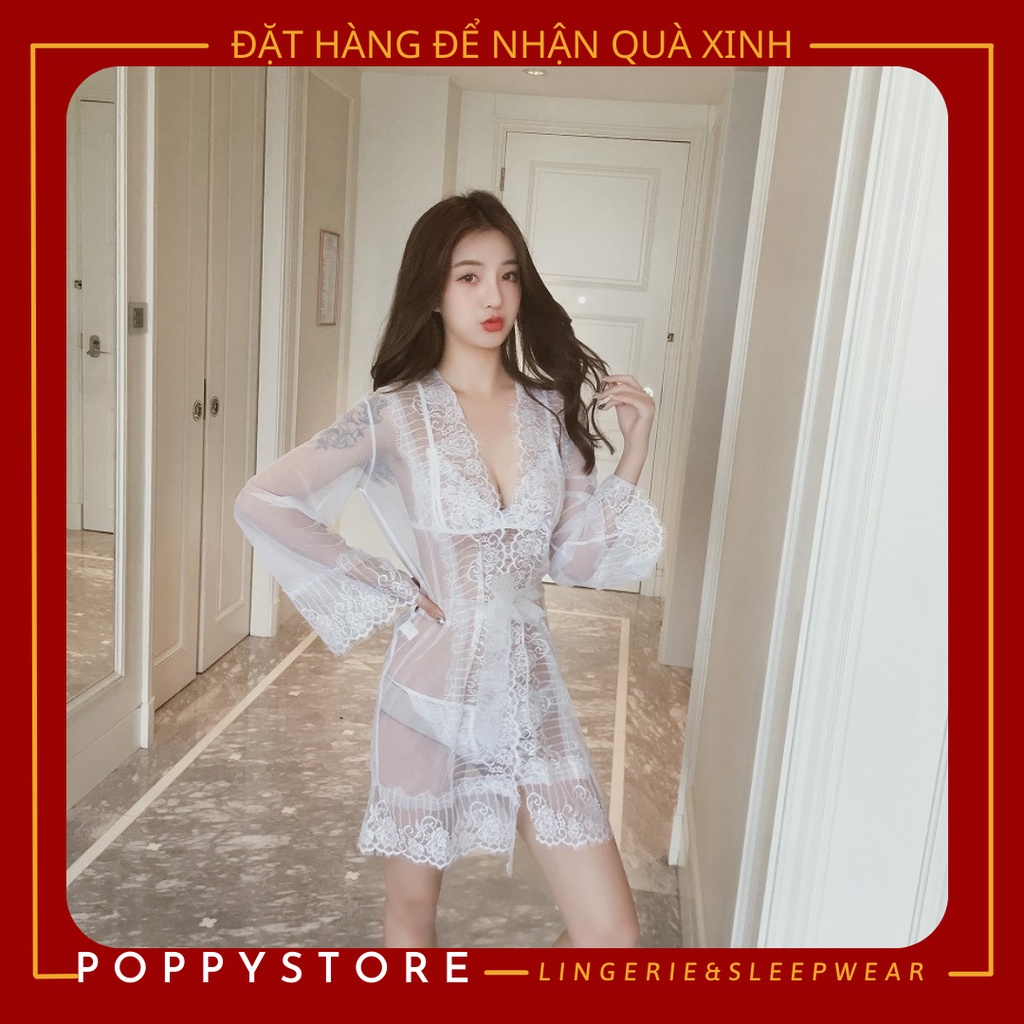 Set đồ ngủ ren sexy / áo choàng ngủ ren xuyên thấu - kèm quần chip lọt khe và áo bra không mút, vải ren mềm mại ( AT61 )