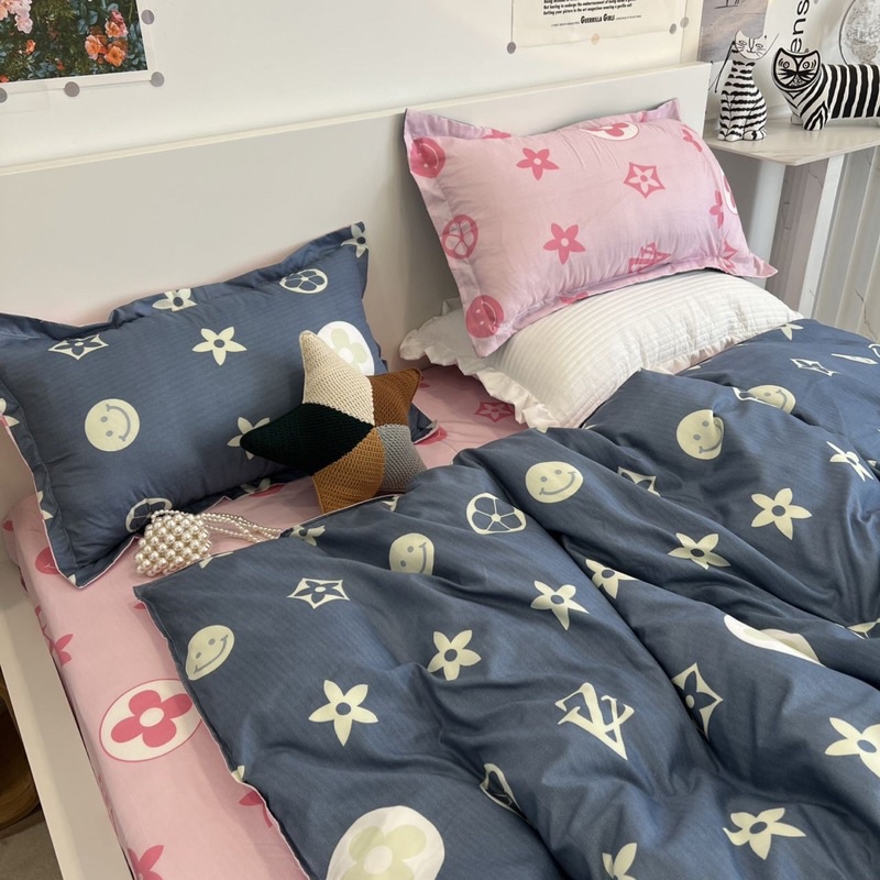 Bộ chăn ga gối cotton poly - Mẫu lv xanh mix hồng