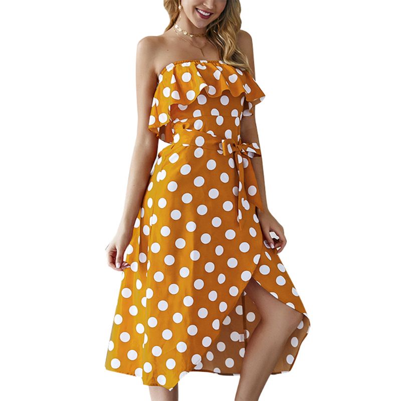 Xiangbao Đầm Midi Hai Dây Nhún Bèo Họa Tiết Chấm Bi Mùa Hè Cho Nữ