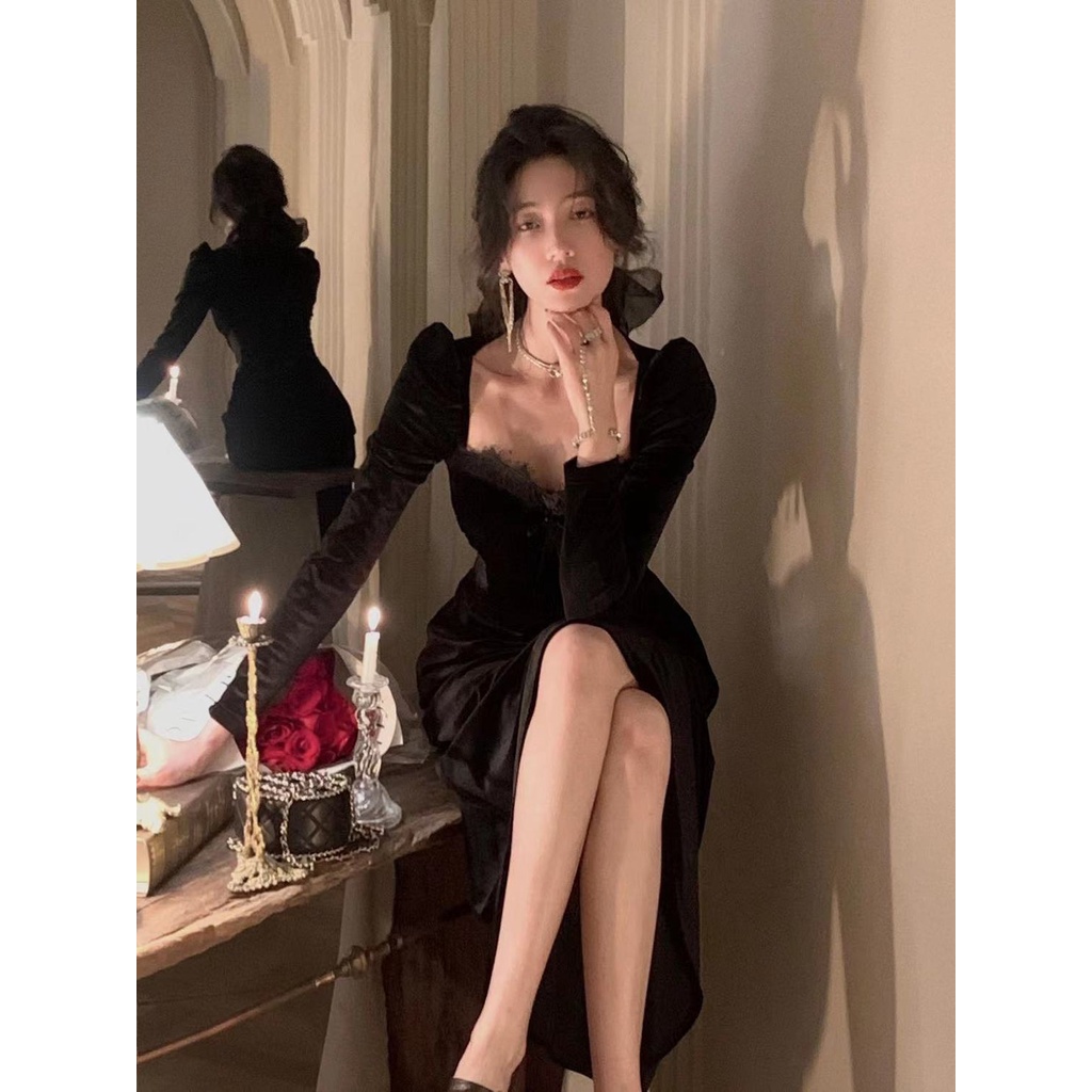 2023 chic Đầm midi Nhung Đen Dài Tay Phong Cách Retro Thanh Lịch Quyến Rũ Cho Nữ