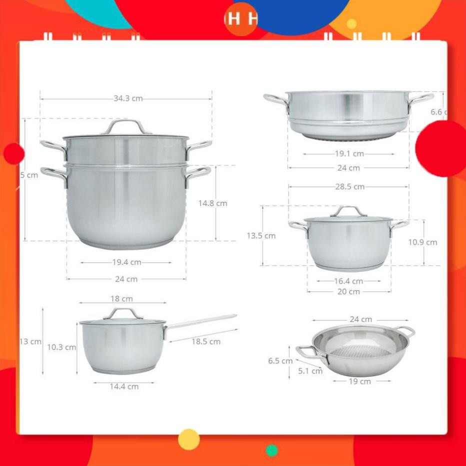 [FreeShip]  Bộ nồi inox Fivestar 5 chiếc 3 đáy vung kính, Hàng chính hãng - Bảo hành 5 năm 24h