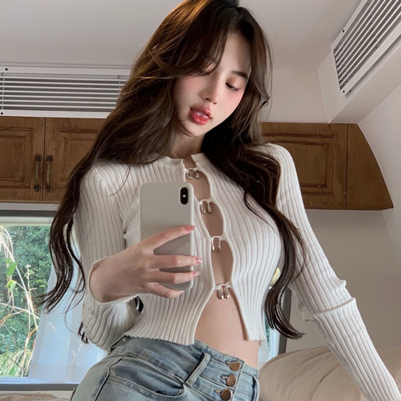 Áo cardigan COZOK dệt kim tay dài dáng ôm khoét lỗ thời trang Hàn Quốc