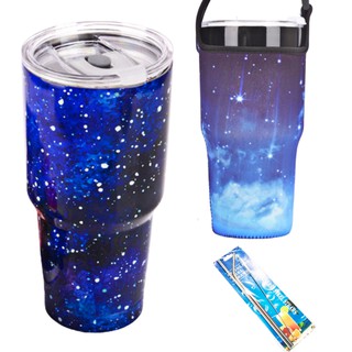 ĐỦ BỘ LY GIỮ NHIỆT GALAXY XANH ĐẬM 900ML CÓ TÚI + 2 ỐNG HÚT + CỌ