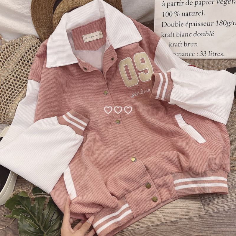 Áo bomber COLLAR phối họa tiết số 09 thiết kế cổ bẻ cúc bấm chất nhung tăm dày dặn phong cách đường phố