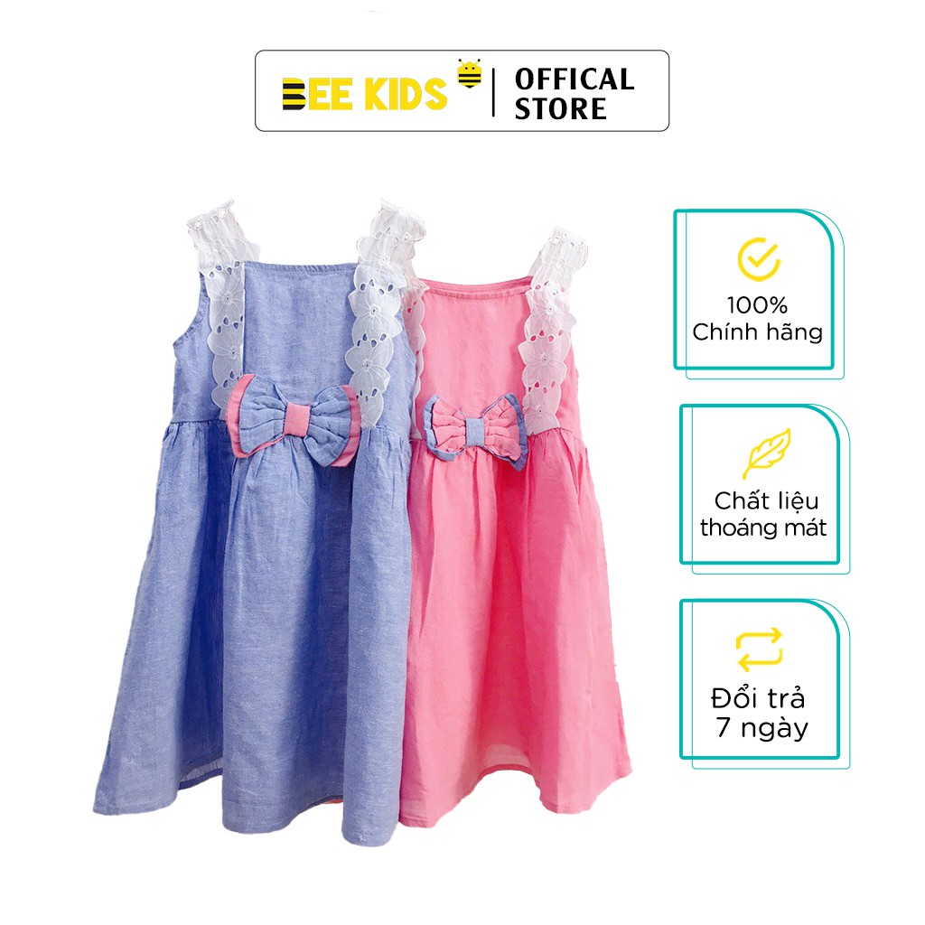 Váy bé gái hai dây dáng xoè mùa hè Bee Kids, Đầm bé gái phối nơ chất thô cotton mềm mịn (2-6 Tuổi) 1DC01673ST