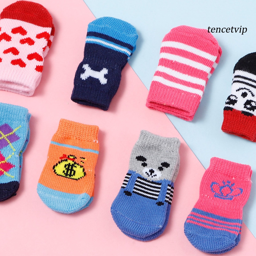 Set 4 Đôi Vớ Cotton Dệt Kim Chống Trượt In Họa Tiết Chân Thú Cưng Cho Cún Cưng