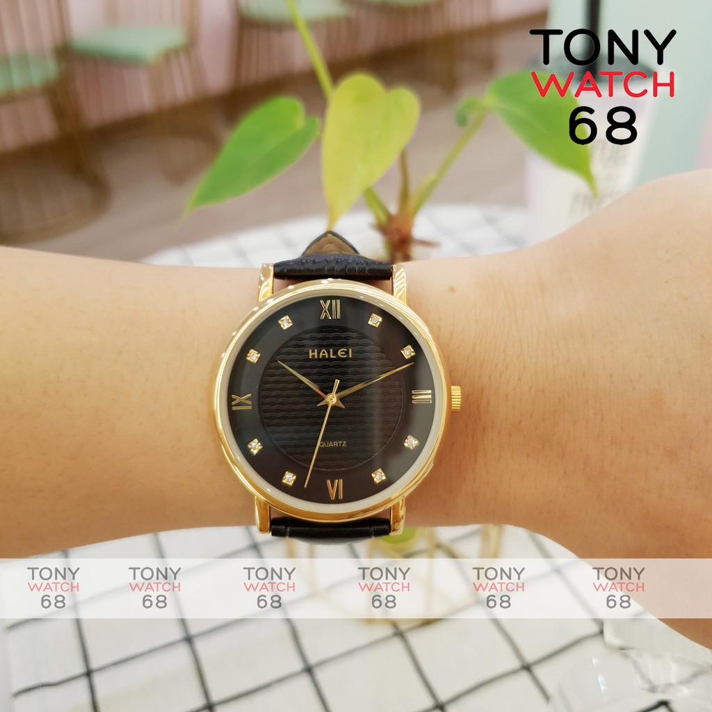 Đồng hồ đôi đeo tay nam nữ Halei dây da viền vàng chính hãng chống nước đính đá Tony Watch 68