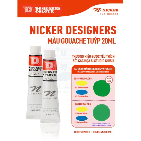 Tông đỏ, hồng, tím màu Gouache Nicker Design Color - tuýp 20ml - lẻ