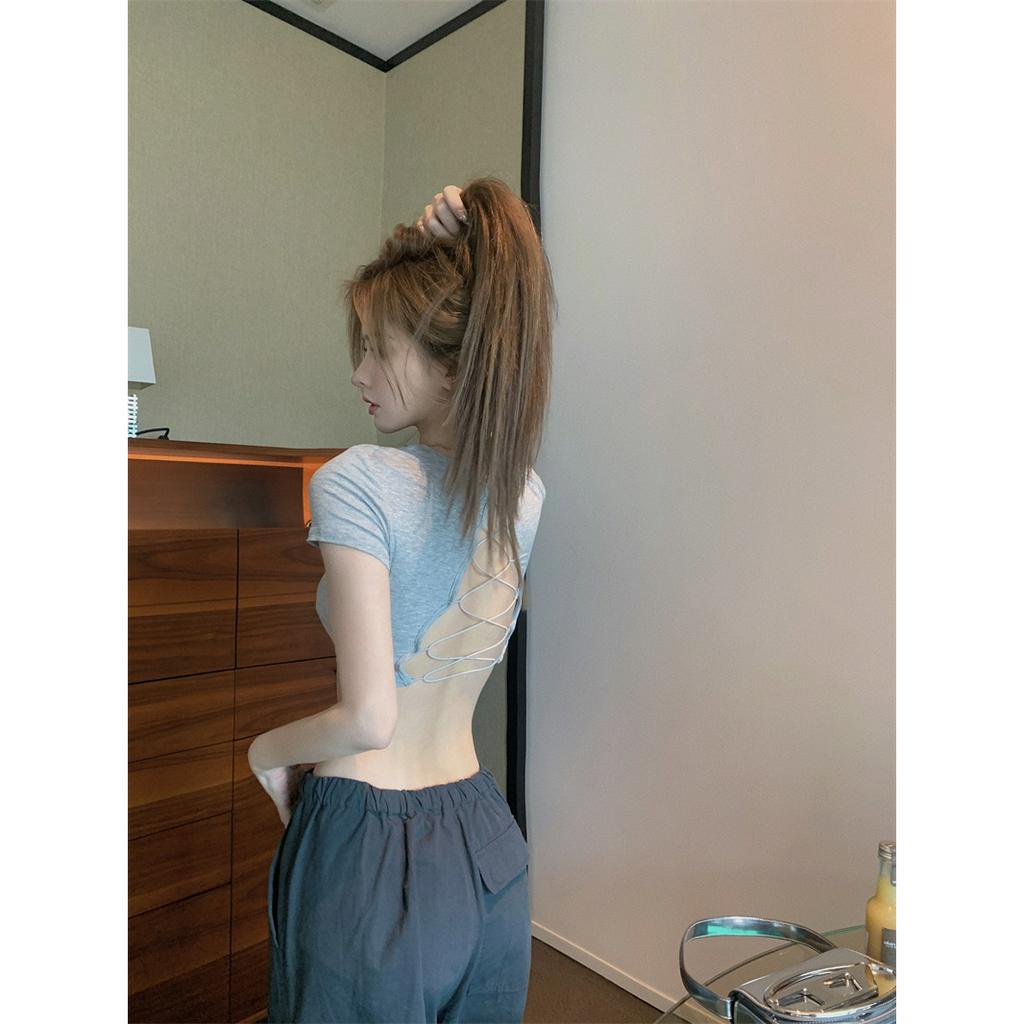 Cocory vn Áo Thun Croptop Tay Ngắn Cổ Chữ V Cắt Chéo Hở Lưng Dáng Ôm Thời Trang Cho Nữ