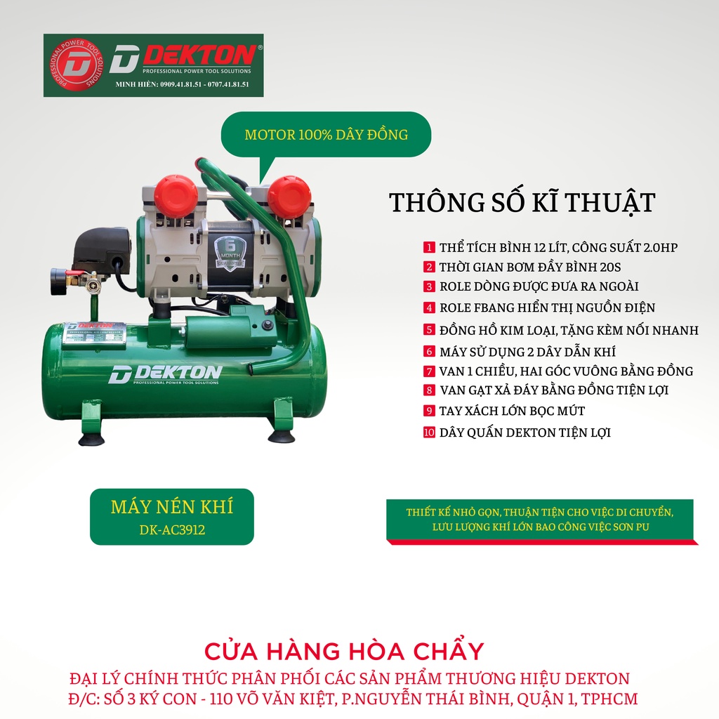 Nén Khí Không Dầu Dekton DK-AC3912 2HP/1500W/ Bình 12L - Lưu Lượng 200L/Phút