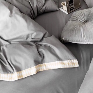 Set Chăn Ga Gối Cotton Lụa 60s Xám Phối Viền