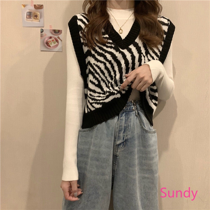 Áo len không tay cổ chữ v dáng rộng in họa tiết ngựa vằn thời trang mùa đông cho nữ