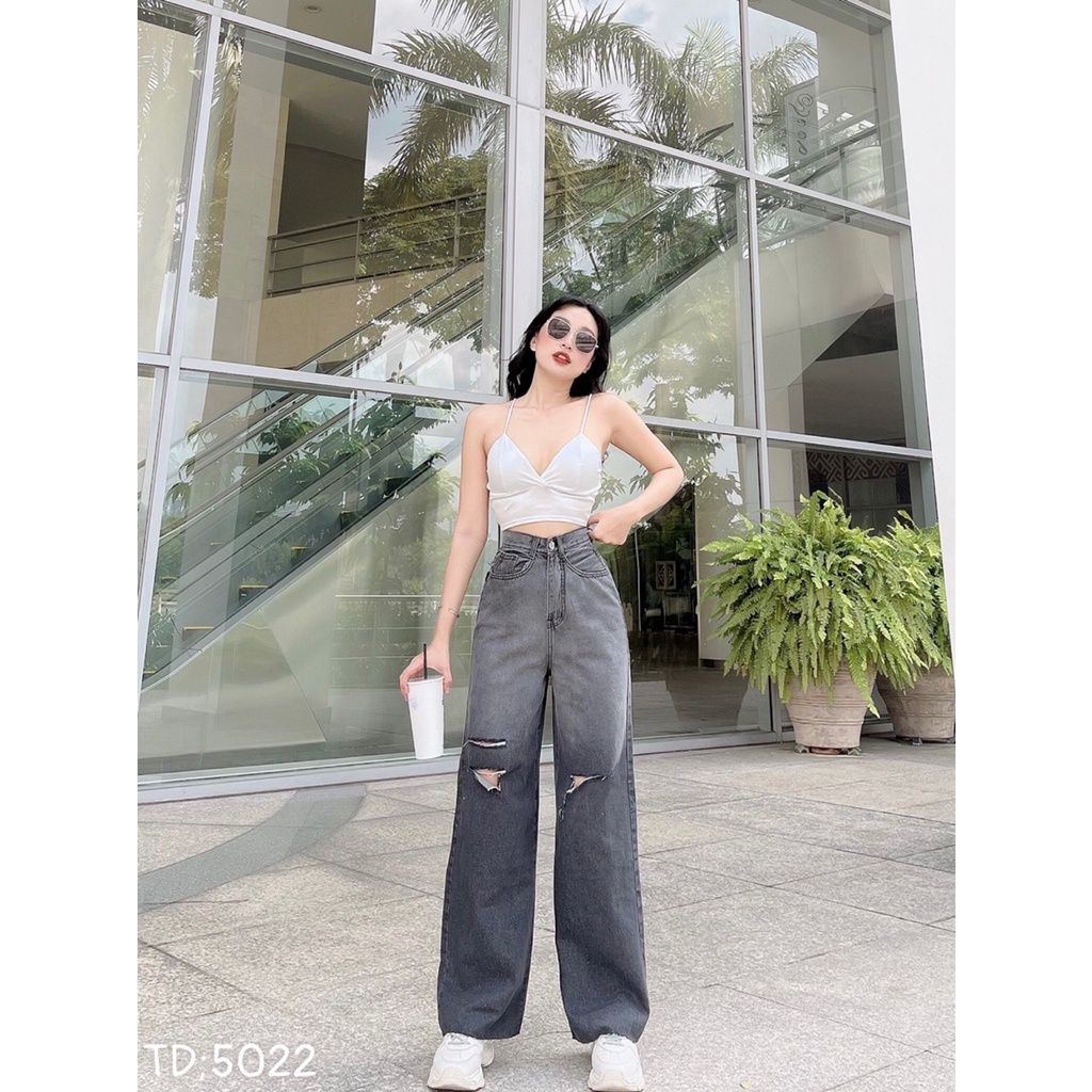 [ FOMO ] QUẦN JEANS ỐNG RỘNG NỮ LƯNG CAO LOANG MÀU XÁM RÁCH 2 VẠT 1 SỌC LAI CUỐN VẢI DÀY DẶN MỀM MỊN CAO CẤP NITIQC