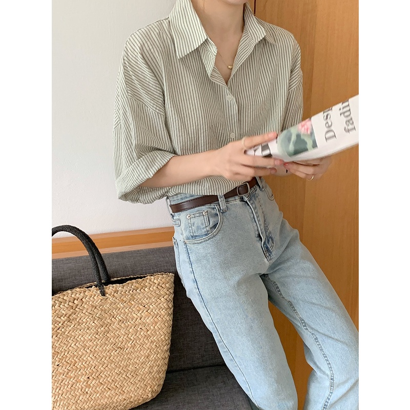 Áo Sơ Mi Ngắn Tay Họa Tiết Kẻ Sọc Phong Cách Vintage Thời Trang Mùa Hè Cho Nữ