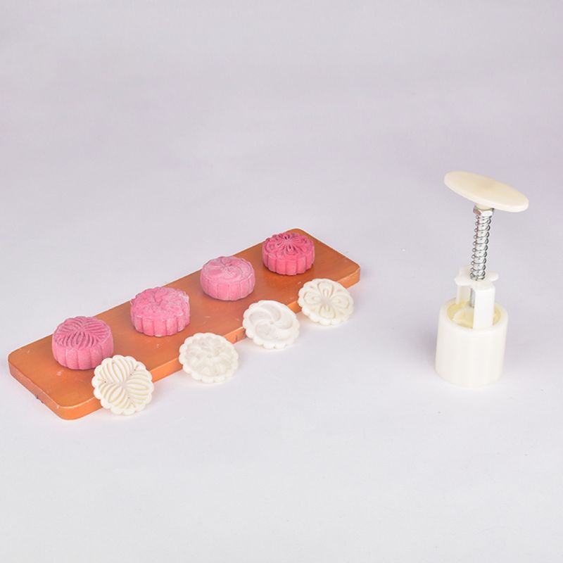Dụng cụ khuôn nhấn tay làm bánh trung thu với 4 con dấu họa tiết hoa cổ điển DIY 50g