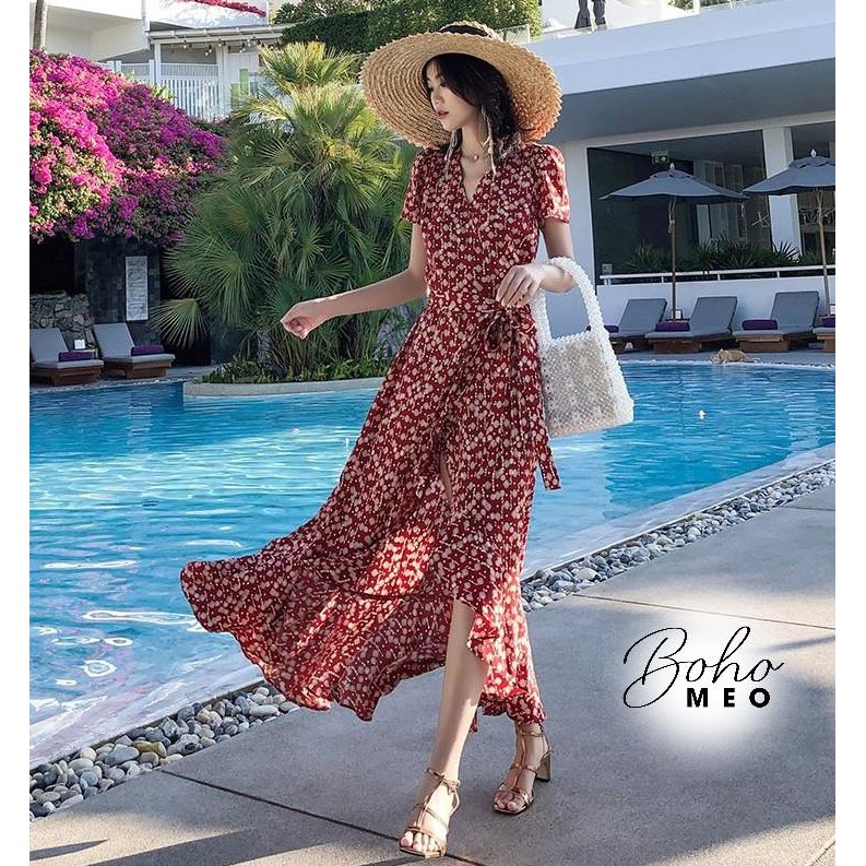 Váy cam đất hoa nhí trắng dây xỏ thắt eo