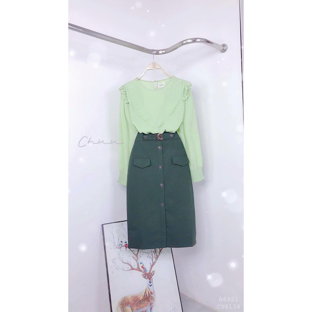 Chân váy bút chì công sở nữ kiểu viền nút, đai chữ DD CHUU CV6134 | BigBuy360 - bigbuy360.vn
