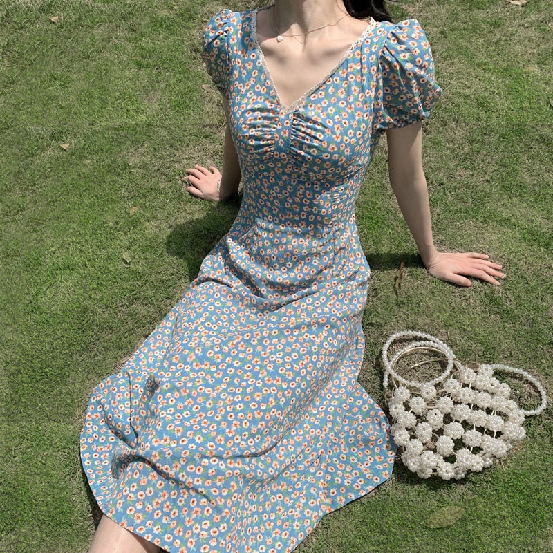 Váy Hoa Chun Eo Tay Phồng Dầm Hoa Nhí Vitage Đầm Dài Tay Ngắn Cổ Vuông In Họa Tiết Hoa Thời Trang Mùa Hè Xinh Xắn Cho Nữ
