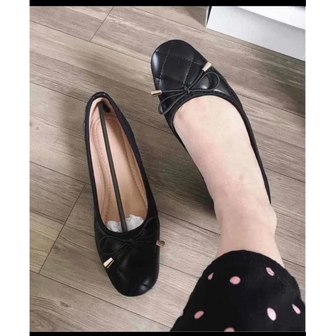 Giày búp bê bệt trám chần bông đính nơ nữ