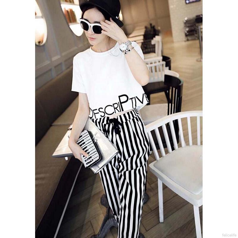 Quần dài kẻ sọc dọc và áo tay ngắn phối chữ thời trang cho nữ