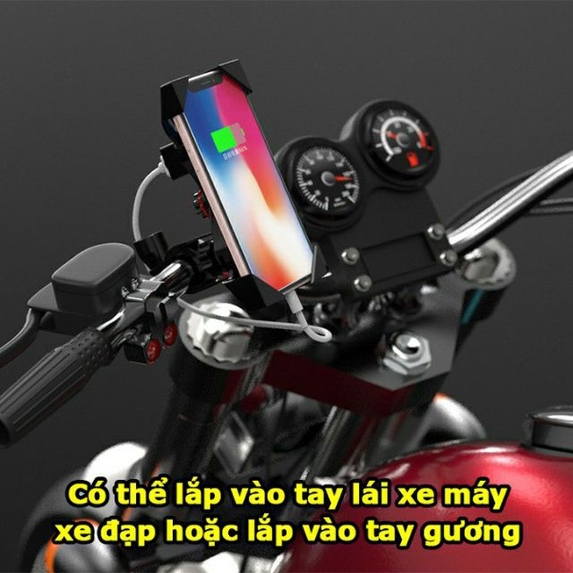 Giá đỡ điện thoại kẹp điện thoại gắn trên xe máy xe đạp điện có hỗ trợ sạc gắn bình ác quy