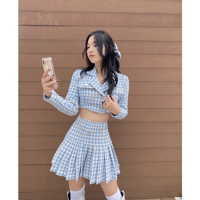 |TEET SET| Set dạ tweet kẻ caro xanh dương TLÉA