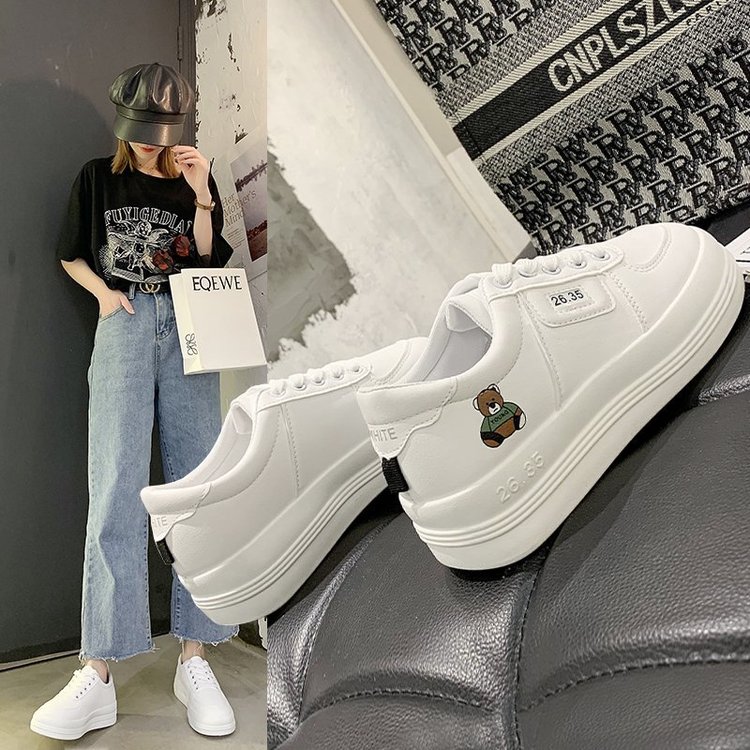 Giày Bata Da Pu Đế Dày In Hình Gấu Xinh Xắn Cho Nữ