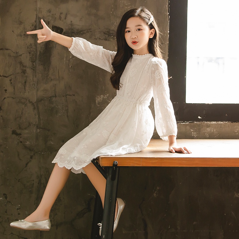 Đầm Công Chúa Phối Ren Hoa Màu Trắng Thanh Lịch Thời Trang Xuân Thu Cho Bé Gái 3-12 Tuổi