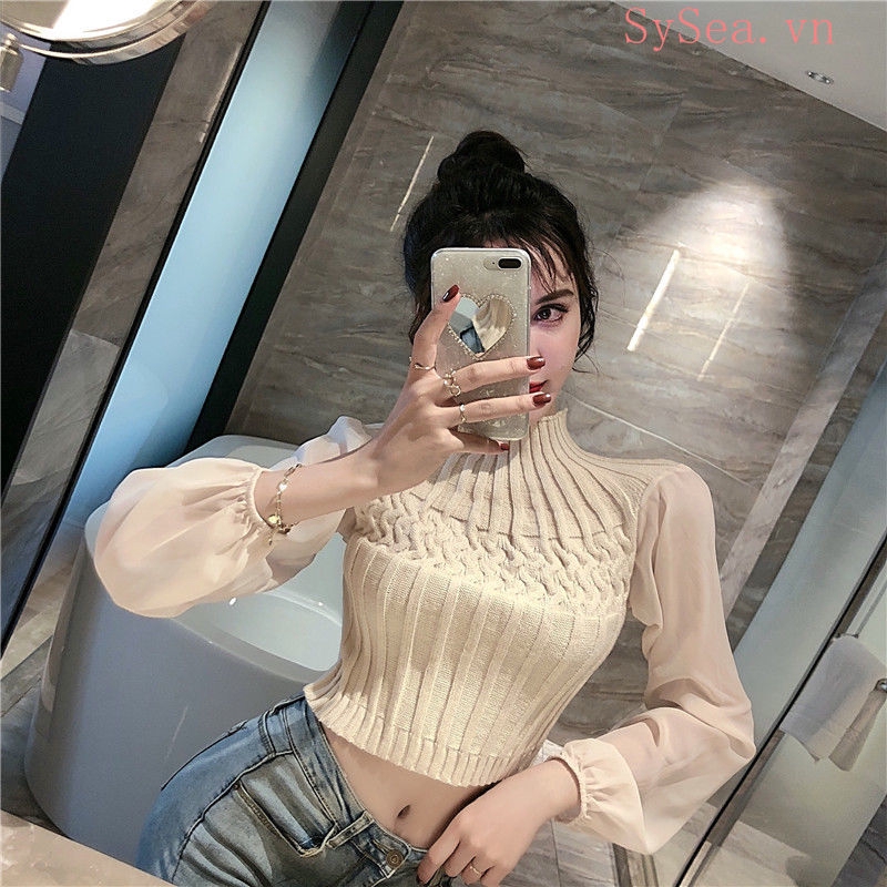 Women's White long Sleeve Croptop Sexy Knit Shirt