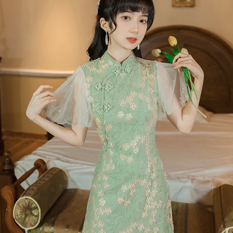 Đầm Sườn Xám Cách Tân Cổ Đứng Cài Khóa Đĩa Thêu Ren Đính Hạt Kiểu Trung Hoa Cổ Điển Cho Nữ