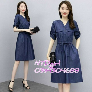 Đầm jean xòe rút eo, váy bò denim xinh xắn - DTH
