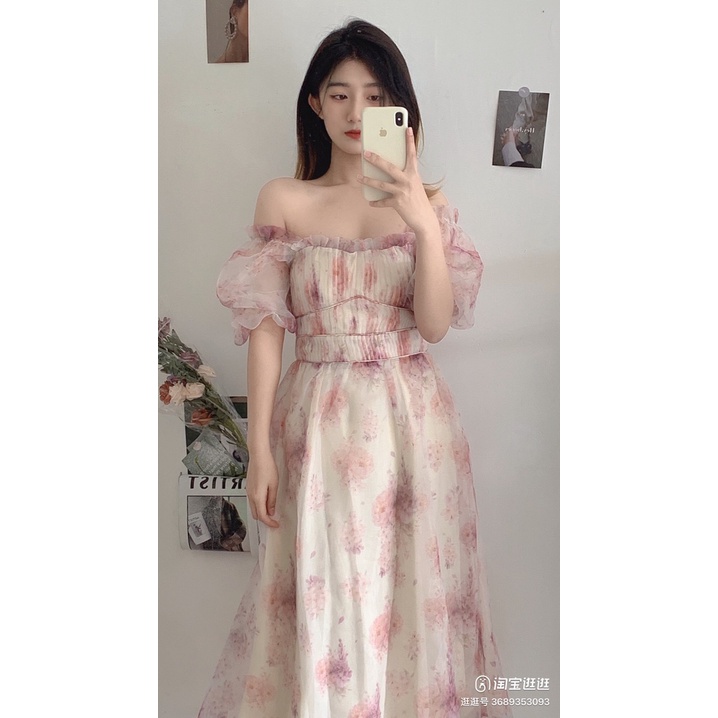 Váy maxi tơ hoa tay bồng tiểu thư, nhẹ nhàng nữ tính hàng Quảng Châu