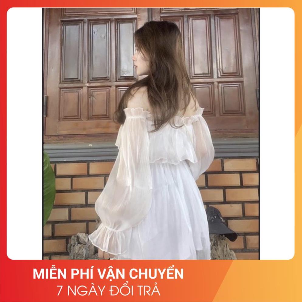 Áo Trễ Vai Trắng Dáng Váy 24APRIL Nữ [FREESHIP]  Thun kiểu dài tay bồng oversize, form rộng phối viền bèo tiểu thư