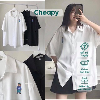 Áo sơ mi thêu gấu A cộc tay nam nữ form rộng phong cách hàn quốc màu đen trắng học sinh freesize cheapy C475