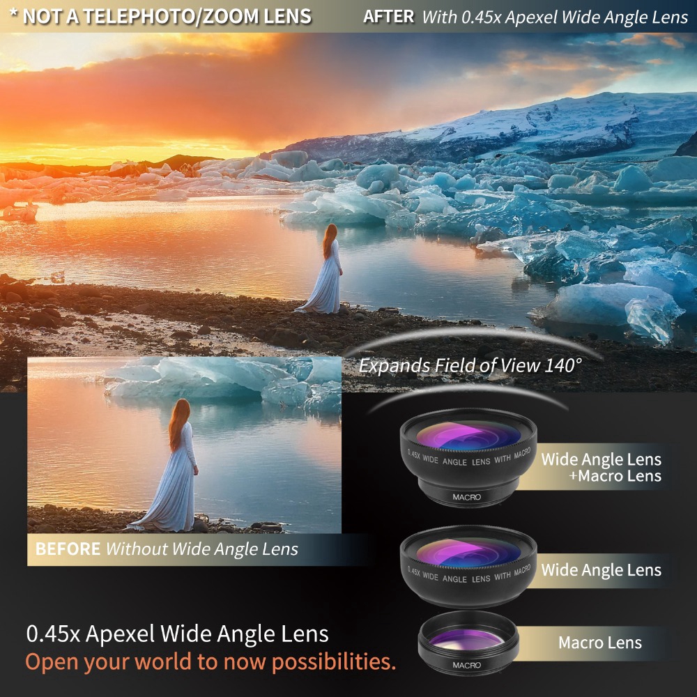 APEXEL Điện thoại Máy ảnh ống kính kit 0.45x Wide Angle Macro Lens + sạc Led ánh sáng tự sướng Fill cho Samsung Xiaomi