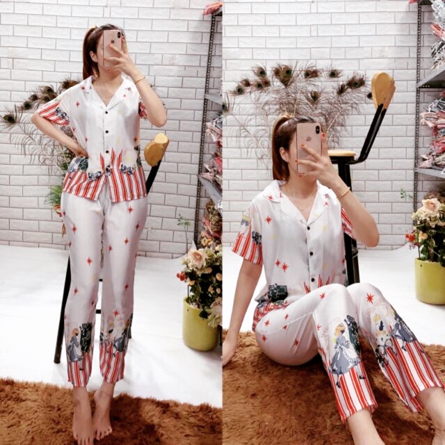 Bộ lụa satin áo ngắn quần dài