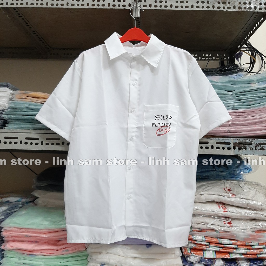 Áo sơ mi nữ cổ bẻ có túi tay lỡ dáng ulzzang freesize form rộng unisex in chữ yellow flicker LOVER
