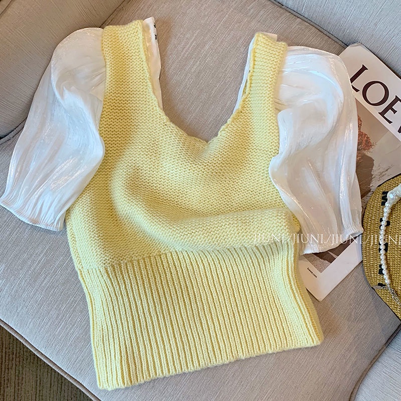 Áo Croptop Dệt Kim Tay Ngắn Cổ Búp Bê Thêu Hoa Thời Trang Mùa Hè Cho Nữ